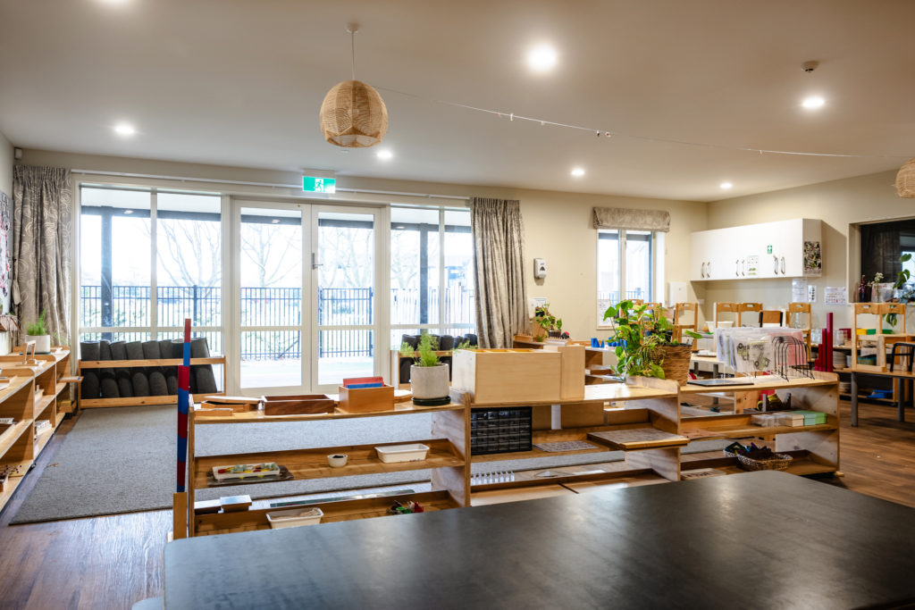 Bright and spacious Montessori preschool classroom in Halswell, designed for early childhood education with natural materials and child-centred learning areas.